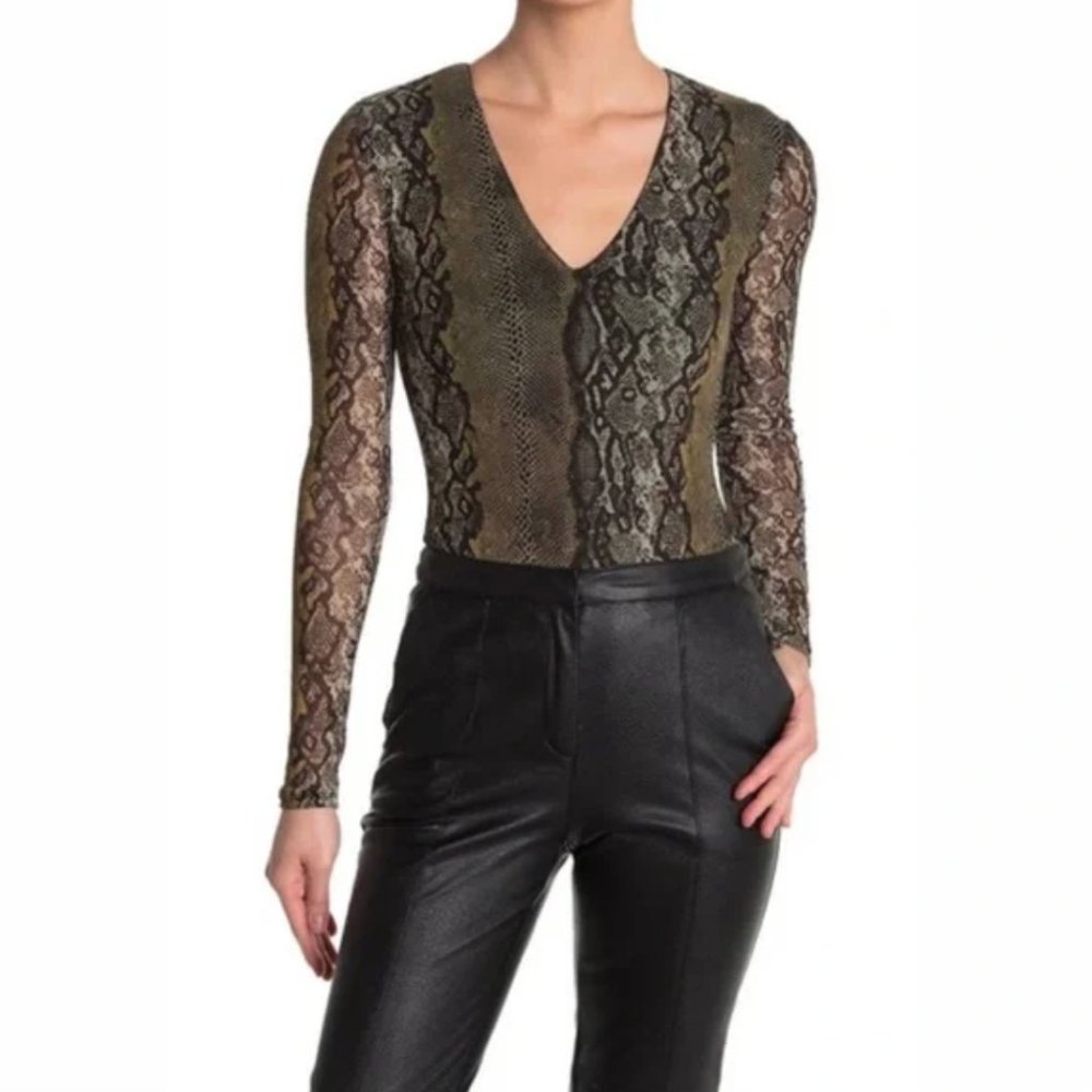 AFRM Long Sleeve Green and Black Snakeskin Print Bodysuit with Snap Closure